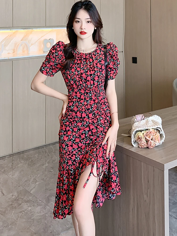 

Women Floral Chic Pleated Ruffled Mermaid Dress Summer Elegant Bodycon Bandage Dress 2024 Korean Casual Festival Evening Dresses