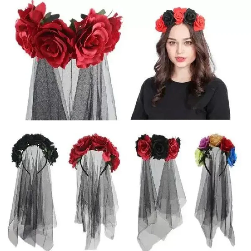 1PCS Black Veil Halloween Rose Flower Headband Costume Cosplay Wedding Mexican Rose Flower Crown Headband Day of The Dead Party