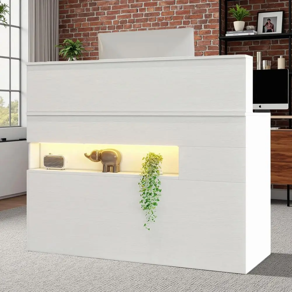 

Стойка ресепшн с прилавком, небольшой передний столик с ящиками и выдвижной полкой для клавиатуры, кассовый прилавок шириной 47,2 дюйма с LED-подсветкой и электропитанием