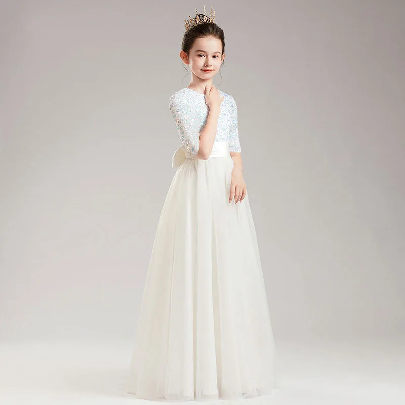 Girls' Long Violin Performance Dress, Big Kids' Evening Gown, White Children's Dress, Princess Sequin Mid-Sleeve Long Dress