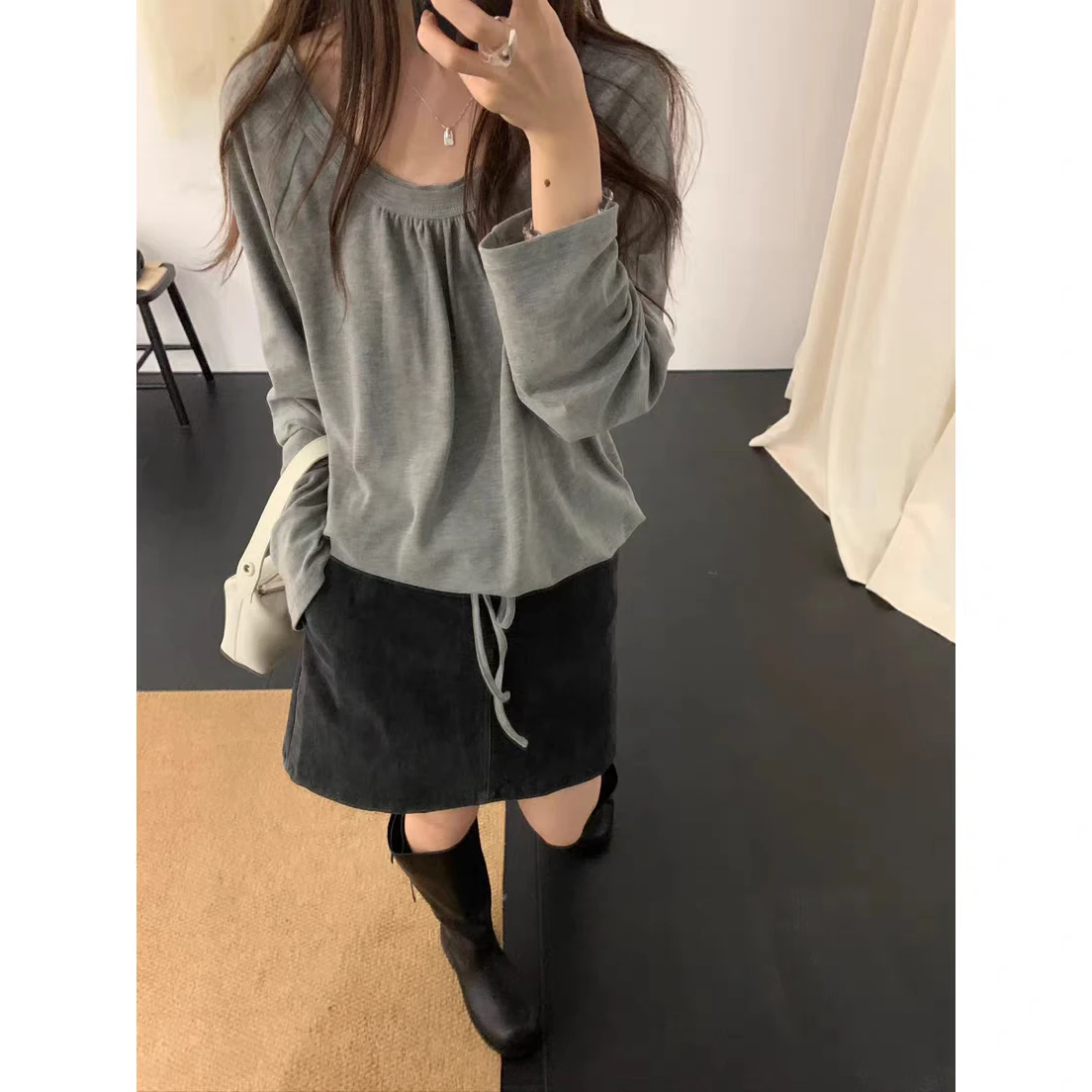 Loose Double Layer U-Neck Gathered Waist Long Sleeve Top Women's Fashion Polyester Fabric Spring Autumn Seasonal Wear