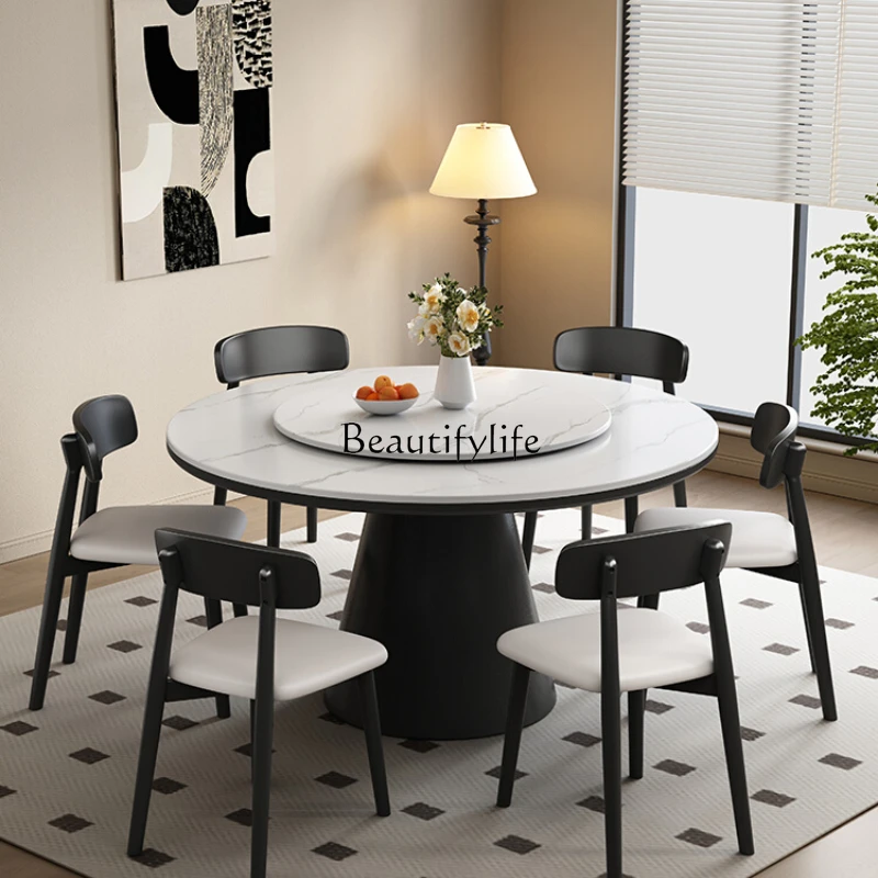 Light luxury rock slab dining table Modern simple round dining table with turntable induction cooker