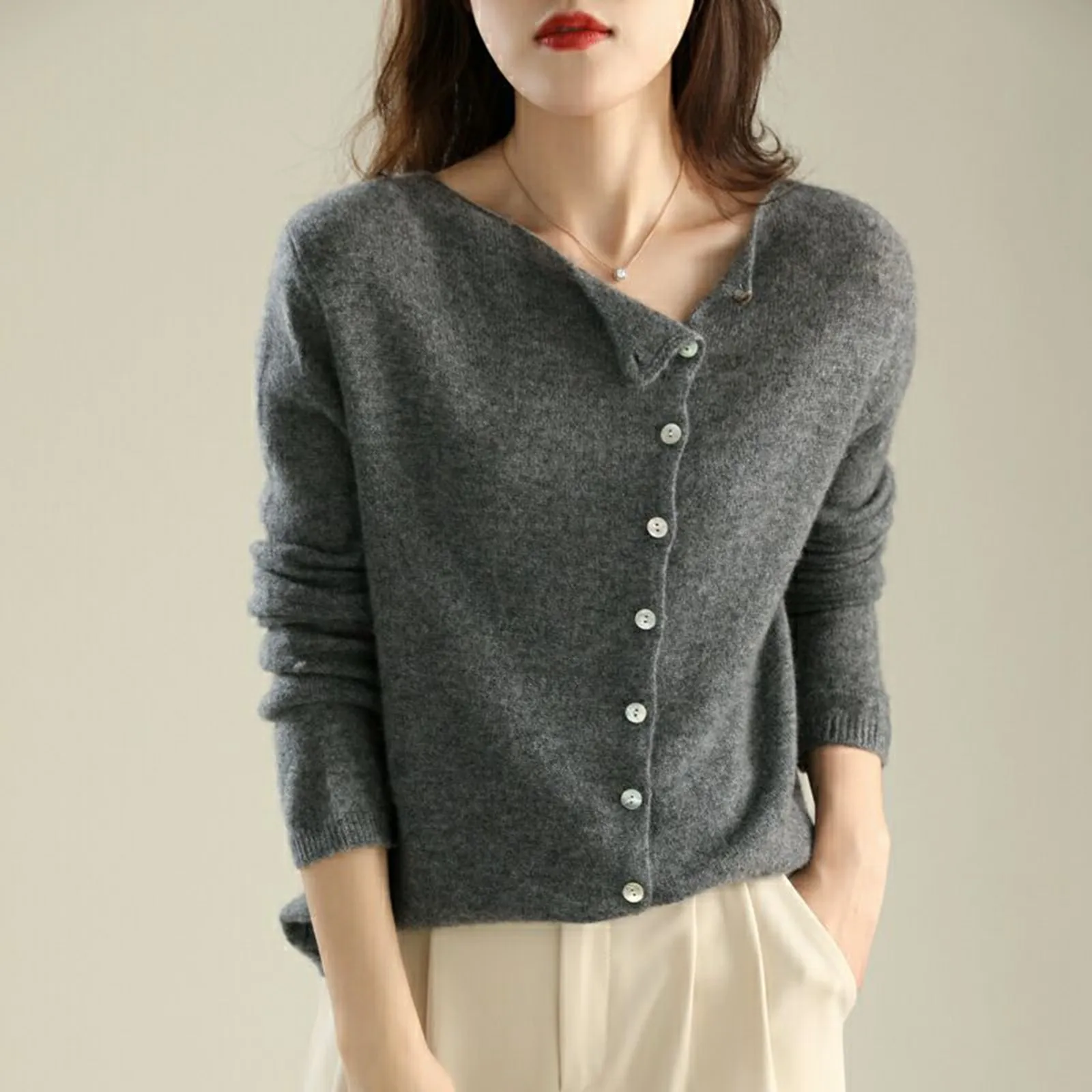 Autumn 2024 Asymmetrical Button Women Cardigan O-Neck winter Fleece Jumpers Cotton Single-Breasted solid color Knitted Tops