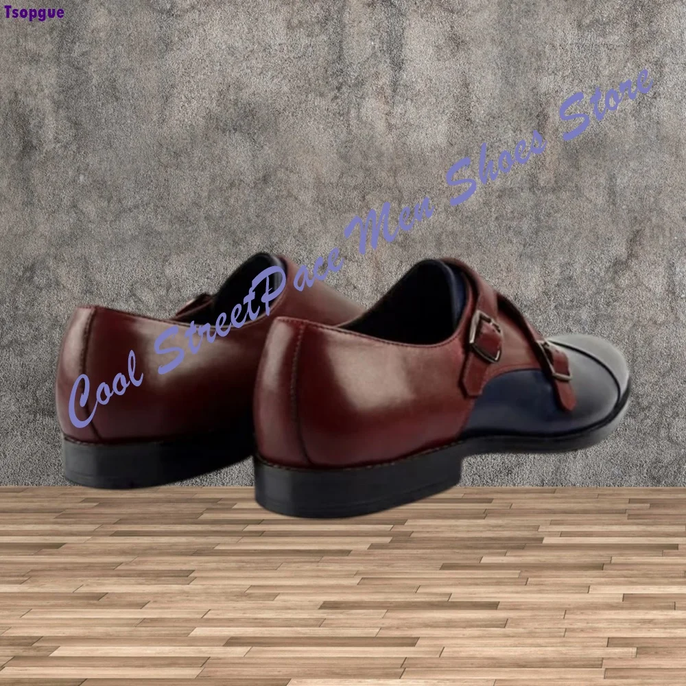 Fashion Men Contrast Color Double Monk Shoes Black Brown Buckle Slip‑on Flat with Pointed Toe Formal Dress Footwear For Office
