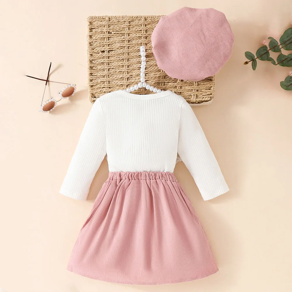 Spring Autumn Baby Girls Clothes Set 0-3Y Solid Color Base Top Elastic Waist Skirt and Beret 3Pcs Toddler Trend Outfit