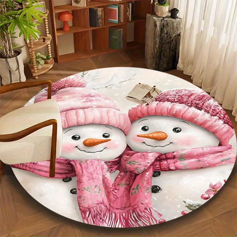 Festive Pink Scarf Snowman Round Area Rug Non Slip Washable Floor Mat For Office Chair Living Room Home Decor