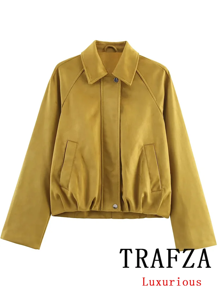 

TRAFZA Casual Chic Bomber Jacket Solid Zipper Button Pockets Long Sleeve Coats New Fashion 2025 Autumn Winter Holiday Outwears
