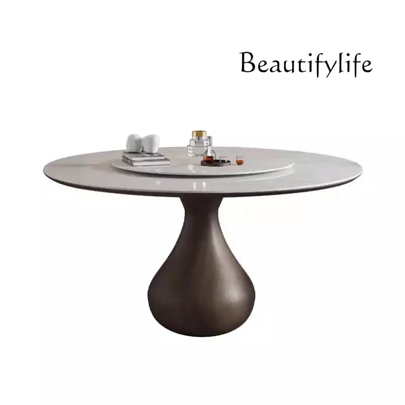 

Nordic Retro Solid Wood Stone Plate Round Table French Style Mid-Ancient round Table with Turntable Household Dining Table