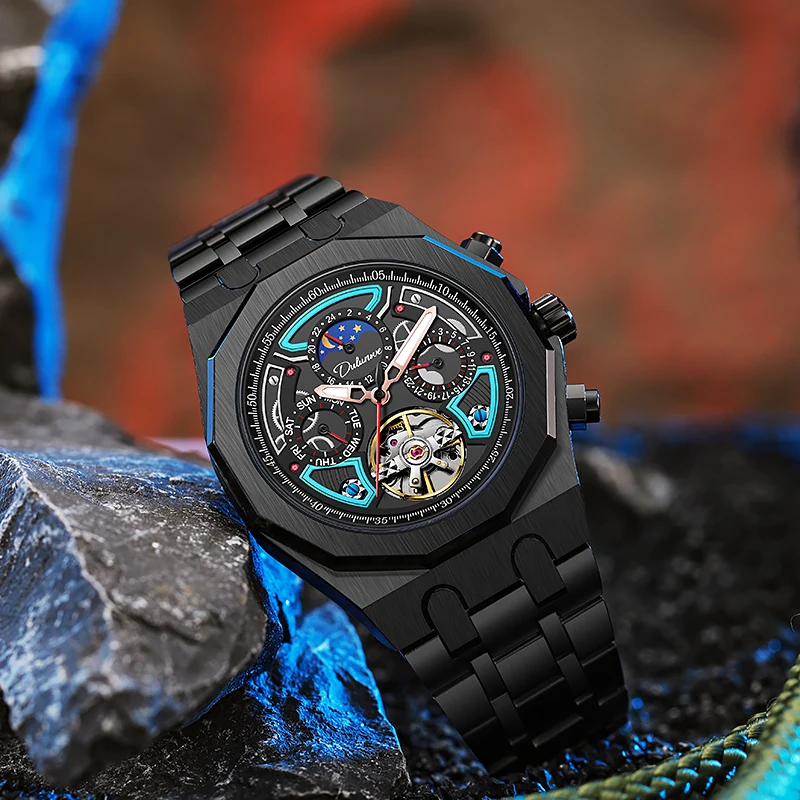 DULUNWE Top Brand Design New Luxury Automatic Watch Steel Mechanical Watch Tourbillon Men Watch Super Luminous Waterproof Watch