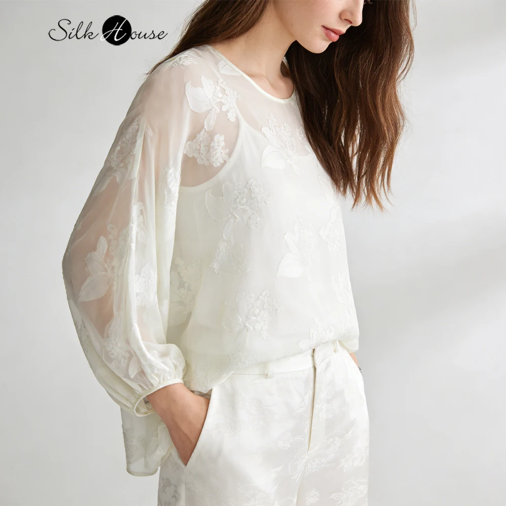

Women's Summer Casual New 85% Natural Mulberry Silk Cut Flower Silk Round Neck Three-quarter Lantern Sleeves Beige Loose T-shirt