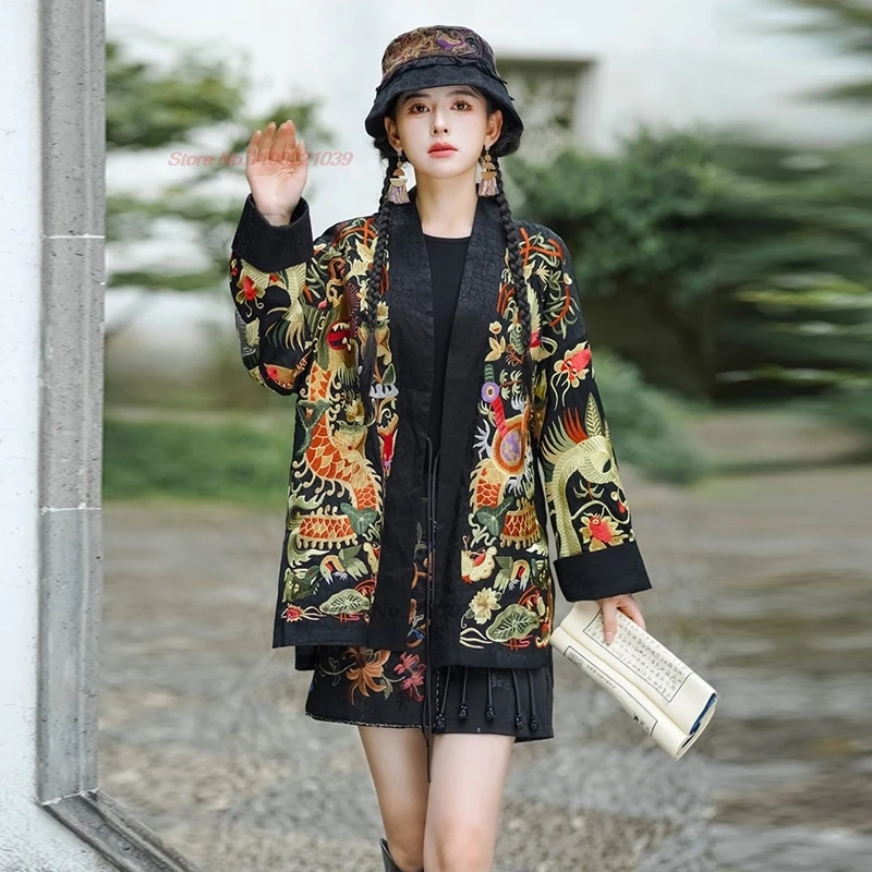 

2024 traditional chinese vintage satin coat national flower embroidery v-neck cardigan oriental hanfu tops ethnic folk jacket