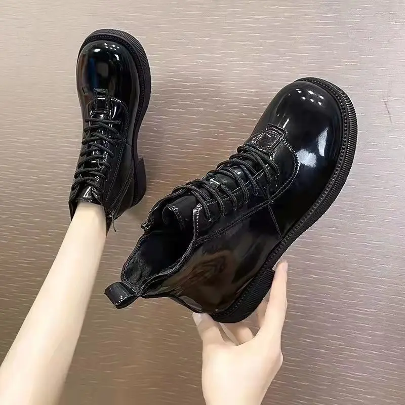 Black Short Shoes for Women Female Ankle Boots Lace-up with Laces Leather Round Toe Footwear Booties Comfortable and Elegant Y2k