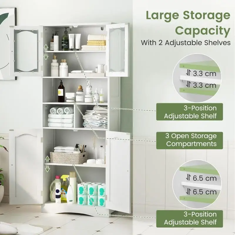 

58.5 Inch Freestanding Linen Bathroom Storage Cabinet with Frost Glass Doors-White