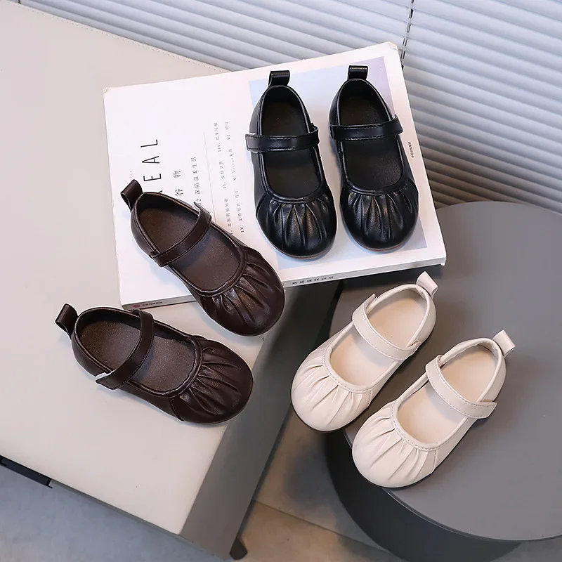 New Girl's Princess Shoes Pleated Black Sliver Fashion Autumn Kids Mary Janes Daily All-match Shallow Children Flat Shoes 21-30