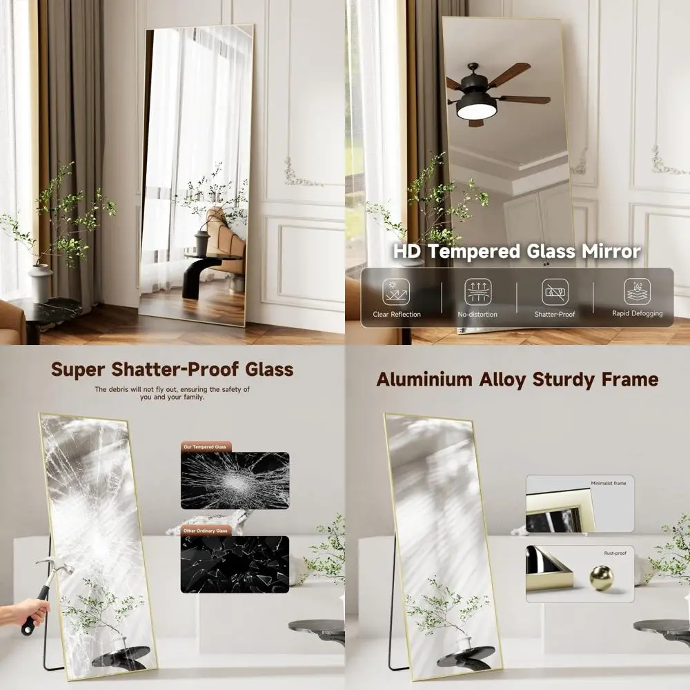 Espelho de chão retangular de vidro temperado dourado - Espelhos de estrutura de alumínio montados na parede de comprimento total 69x24 para quarto