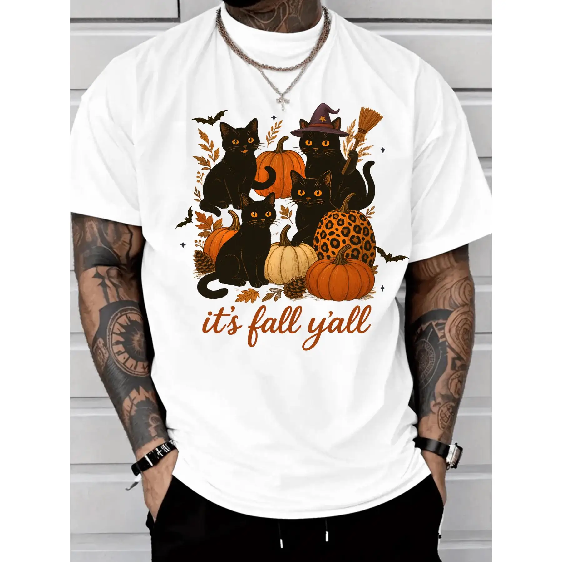 

Funny Black Cat T-Shirt Men Women It's Fall Y'all Halloween Kitty Tee Cute Witch Cat Pumpkin Print Autumn Lover Gift