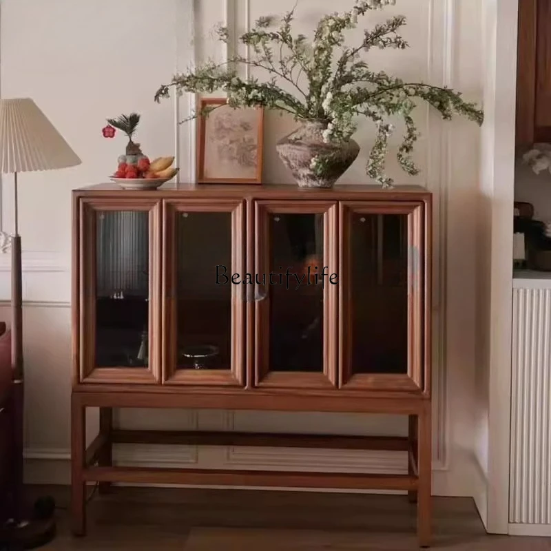 Retro style living room tempered glass side cabinet American solid wood display storage locker