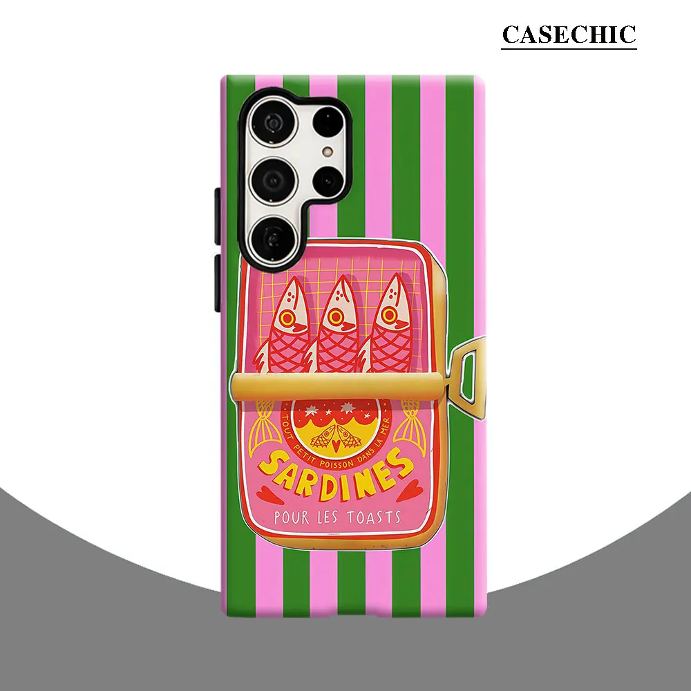 Sardines green pink stripe Phone Case for Samsung Galaxy S26 S25 Ultra S24 S23 Ultra Plus Shockproof Double layer Back Cover
