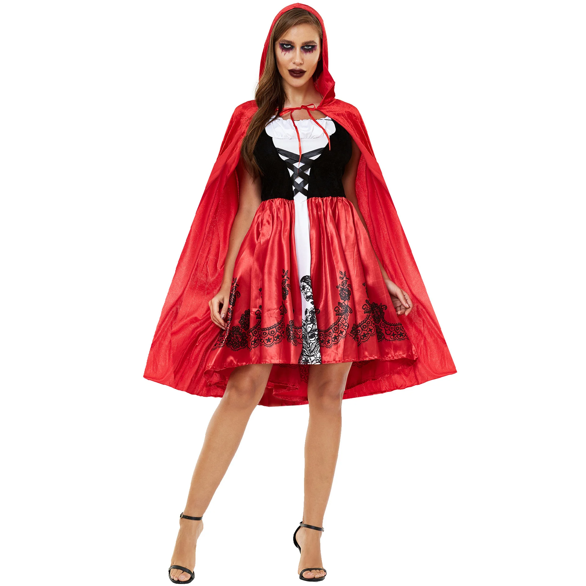 Chapeuzinho Vermelho Fato de Cosplay para Adultos, Versão Moderna do Vestuário de Performance de Palco, Xale de Personalidade, Uniforme de Jogo para Meninas