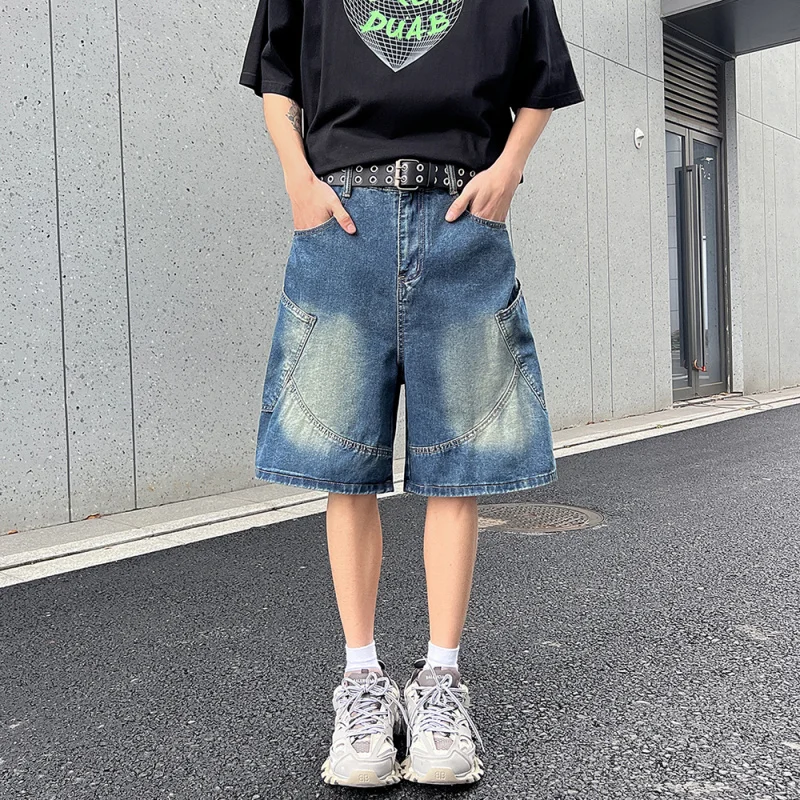 ผู้ชายหลวม Fit ขาตรงกางเกงยีนส์กางเกงขาสั้น High Street เอวยางยืด Retro ล้างสบายๆกลางความยาวสั้นกางเกง