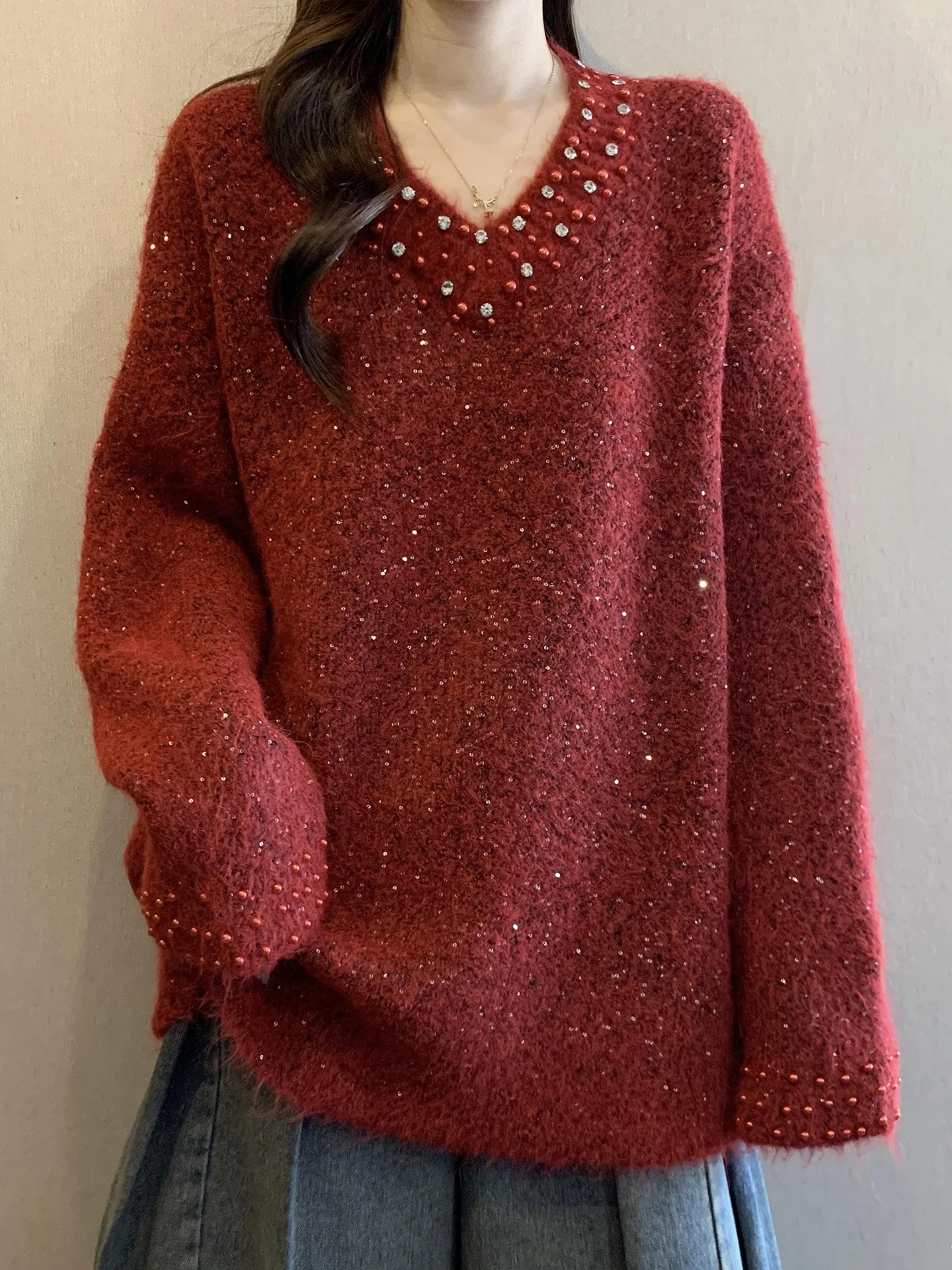 

Женский вязаный свитер Ele Heavyweight V-Ne с бисером, красный, осенне-зимний, больших размеров, свободного кроя, средней длины, комфортный топ