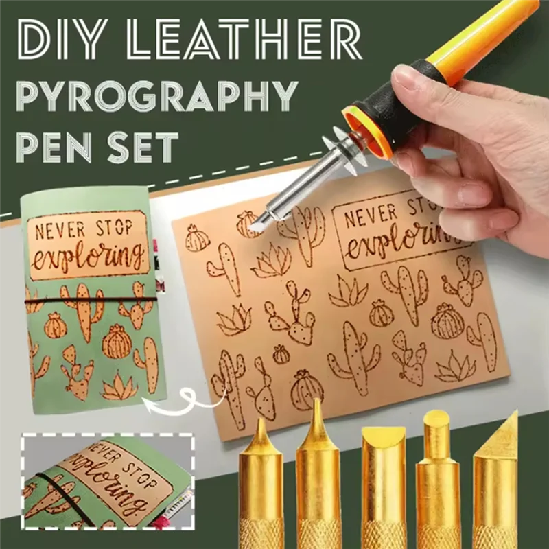 A56P-DIY Leather Pyrography Pen Set 7 PCS Wood Carving Pen With 5 Heads Stand Wood Craft Accessory For Graver Tool US Plug