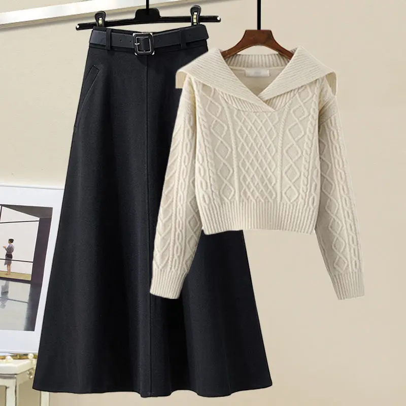 Autumn/Winter Women\'s Set 2024 New High end Navy Neck Knitted Sweater+Slimming Skirt Two piece Set