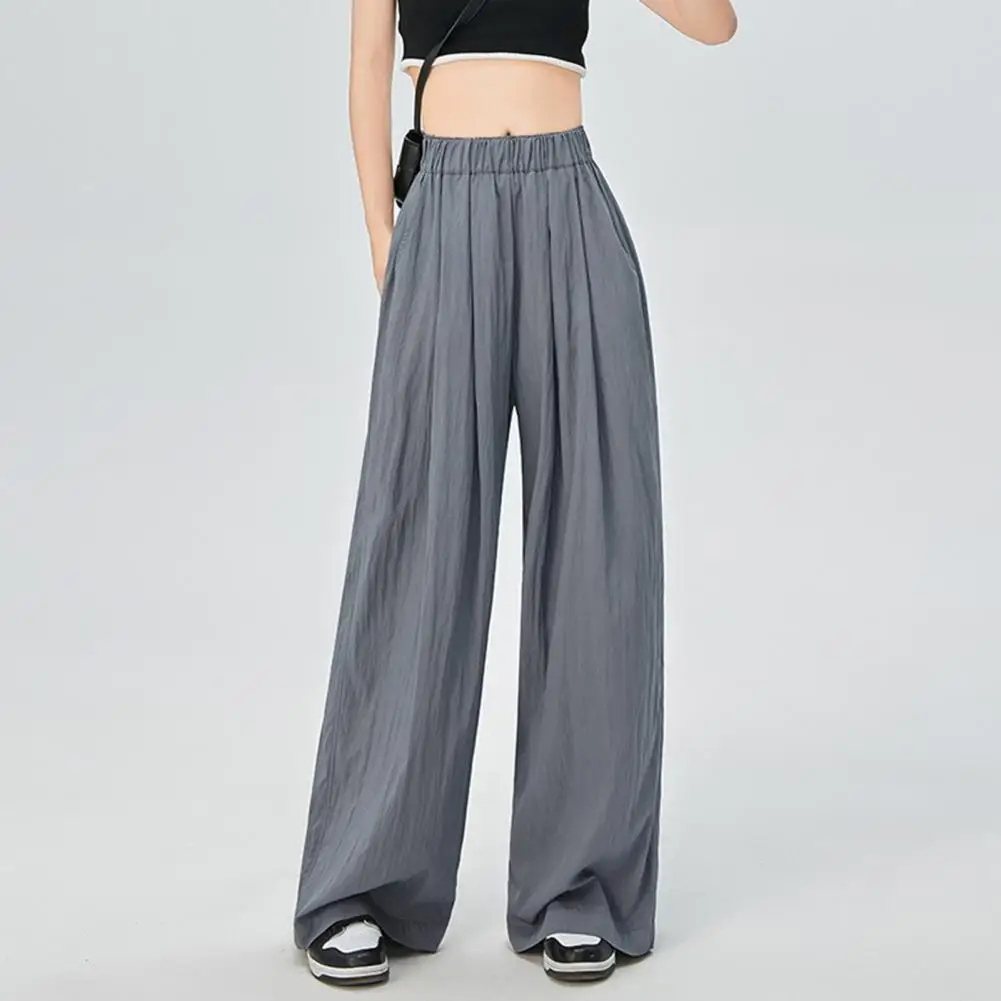 Lazy Drape Design Pants Elegant Wide Leg Pleated Trousers for Women High Waist Solid Color Pants for Work Leisure Elastic Waist