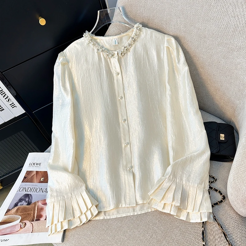 

Women Shirt Blouse Fashion Long Sleeve O-Neck Elegant Beading Shirt Blouse Women Tops Blouses Shirts Blusas Para Mujer 2025 Q521