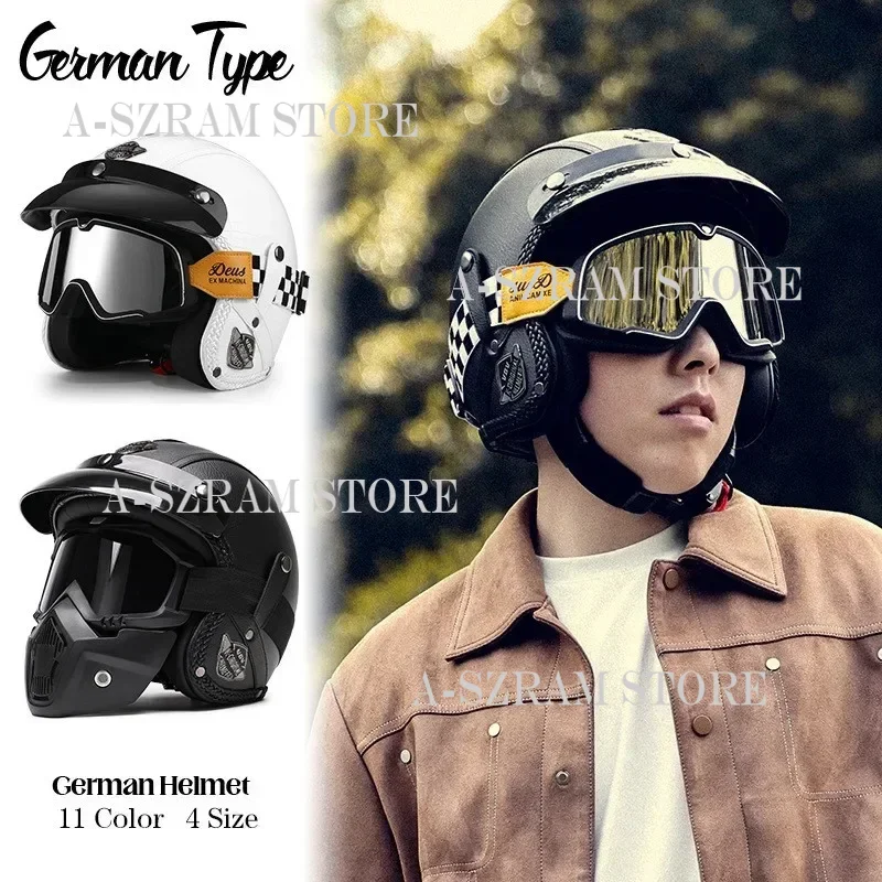 Abrir rosto couro motocicleta capacete, Vintage moto DOT, retro, verão