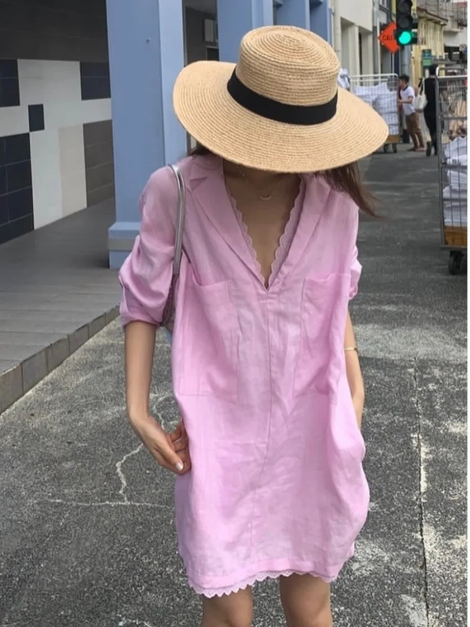 Spring Design Loose Long Sleeve Shirt Women's Style Casual Business Collar Floral Trim Mid-Length Pocket Long Shirt