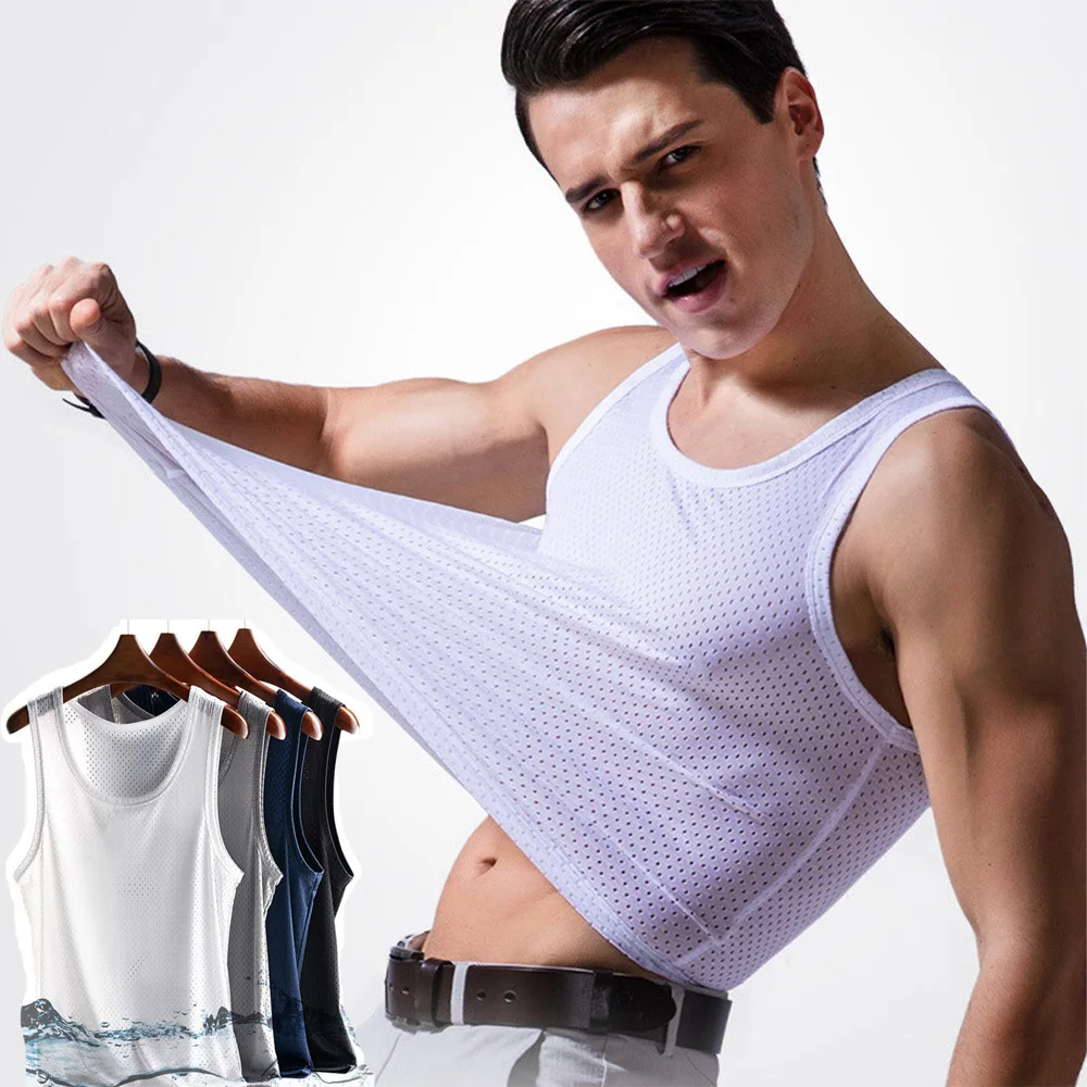 

New Summer Quick-Drying Ice Silk Vest Thin Mesh Hole Men Tank Tops Gym Sport Bodybuilding Sport T Shirts Sleeveless Fitness Vest