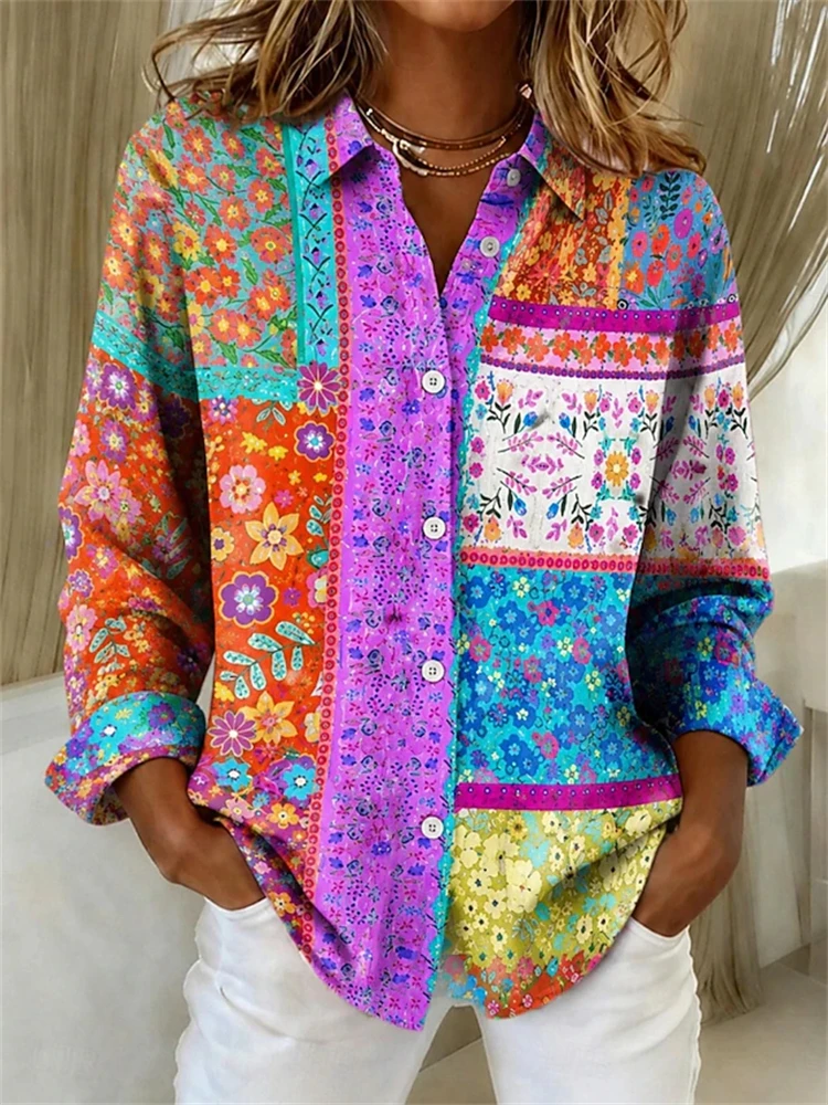 New Autumn Women's Long-Sleeve Shirt Vintage Floral Print Panel Detail Button-Down and Collar Design A Casual Street-Style Top