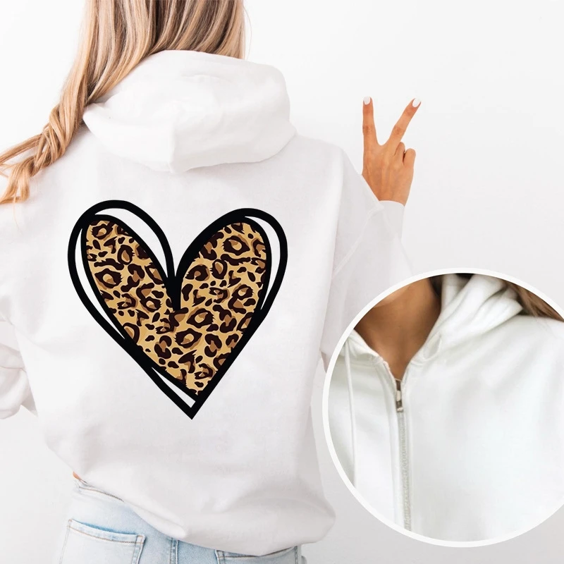 レディース ジッパー パーカー オーバーサイズ ユニセックス スウェットシャツ ハート ヒョウ柄 カジュアル ストリートウェア 女性とティーン向け 居心地の良い秋のギフト