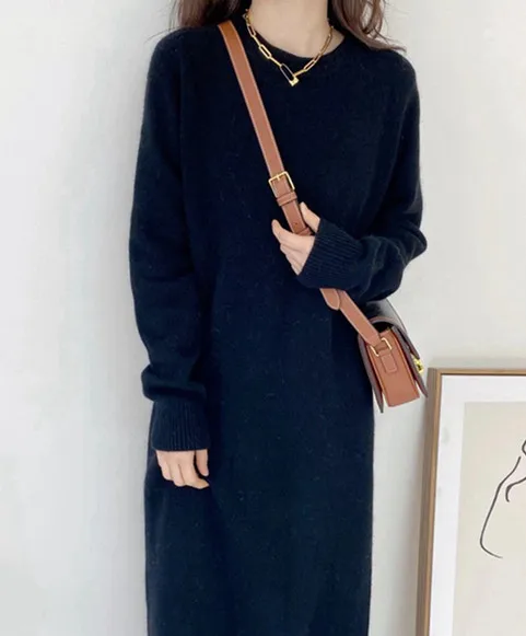 Autumn Winter Women's Mid-Length Loose Thickened Knitted Dress Knee-Length Base Layer Long Dress Warmth Heating Function