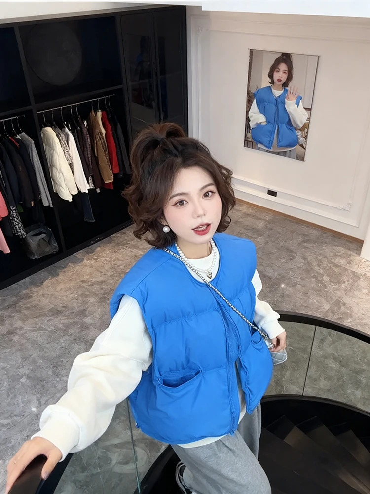 

Korean Sle Faionable Women's Cotton Vest Warmth Layering ort Outerwear Jaet round Ne Zipper Closure No Sve