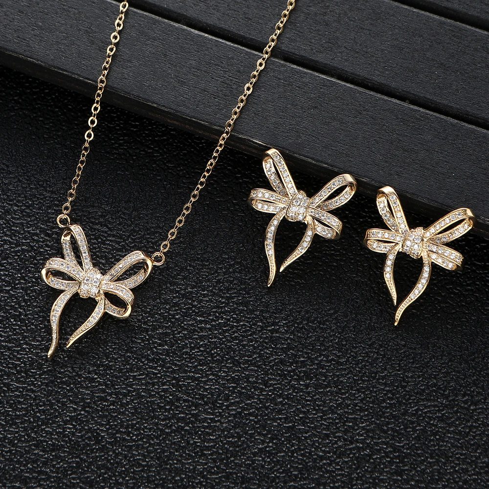Trendy Dainty Bowknot Necklace Earring Ring Sets Stackable Choker For Women Dubai Jewelry Gift Pendientes Mujer Moda S415