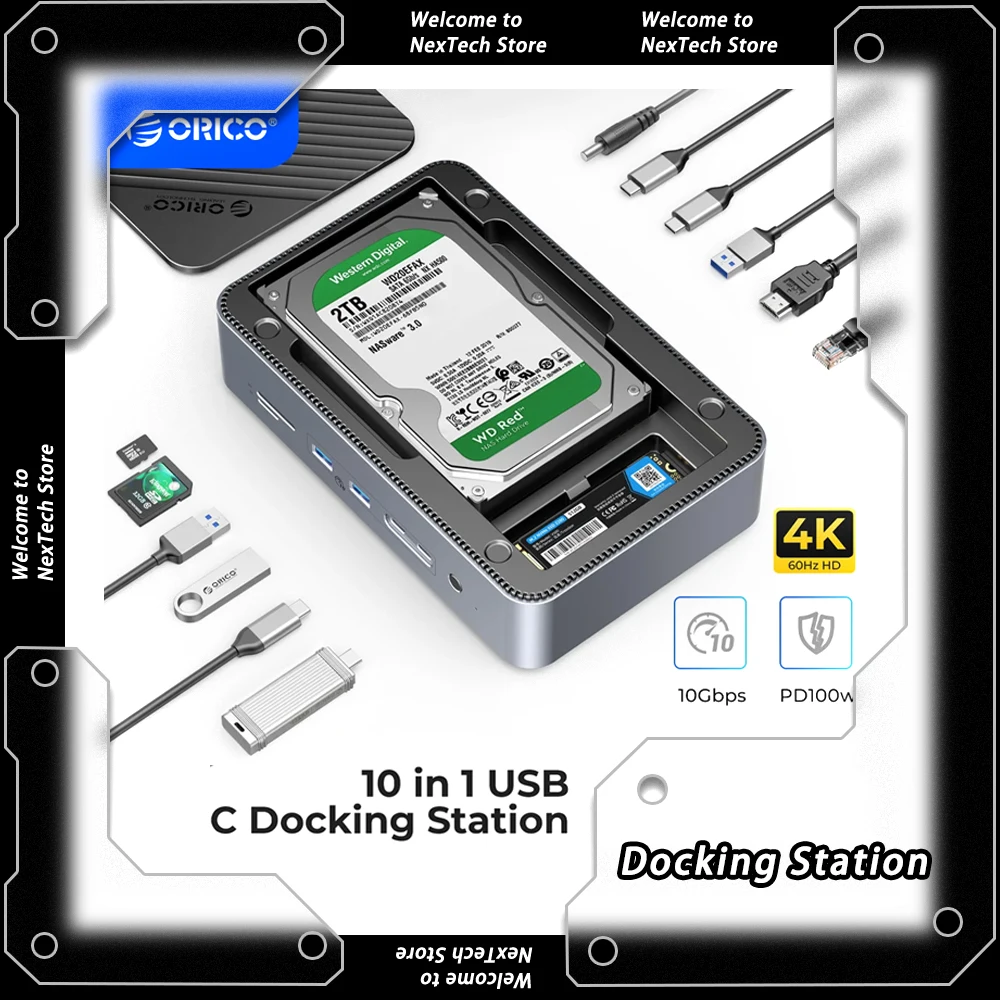

ORICO Docking Station Deck NVME SSD Case Dual M.2 3.5 Hard Drive Enclosure Steam Dock 10 in 1 HDMI 4K60Hz PD100W Ethernet Custom