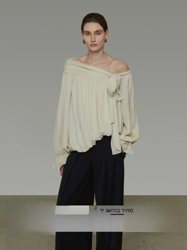 

Unspoken Irregular Shoulder Women's Shirt Spring 2026 New Design Sense Belted Shoulder Bared Top Long Sleeve Polyester Fiber