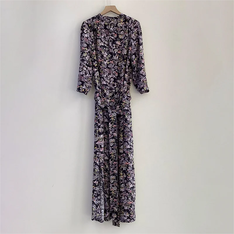 Zadig Vintage Dresses Women Spring Floral Print Long Black Robe Female Long Sleeve Belt Summer Dress Vintage Ladies Clothing