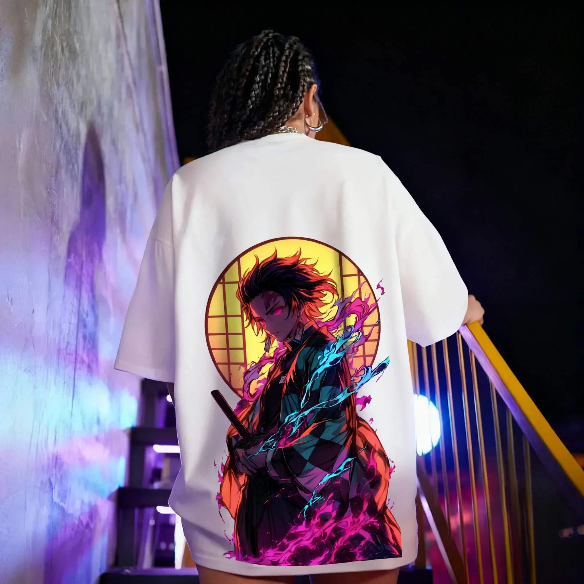 

Demon Slayer аниме принт из чистого хлопка с короткими рукавами 2025, мужская и женская свободная спортивная летняя модная футболка с круглым вырезом Ins