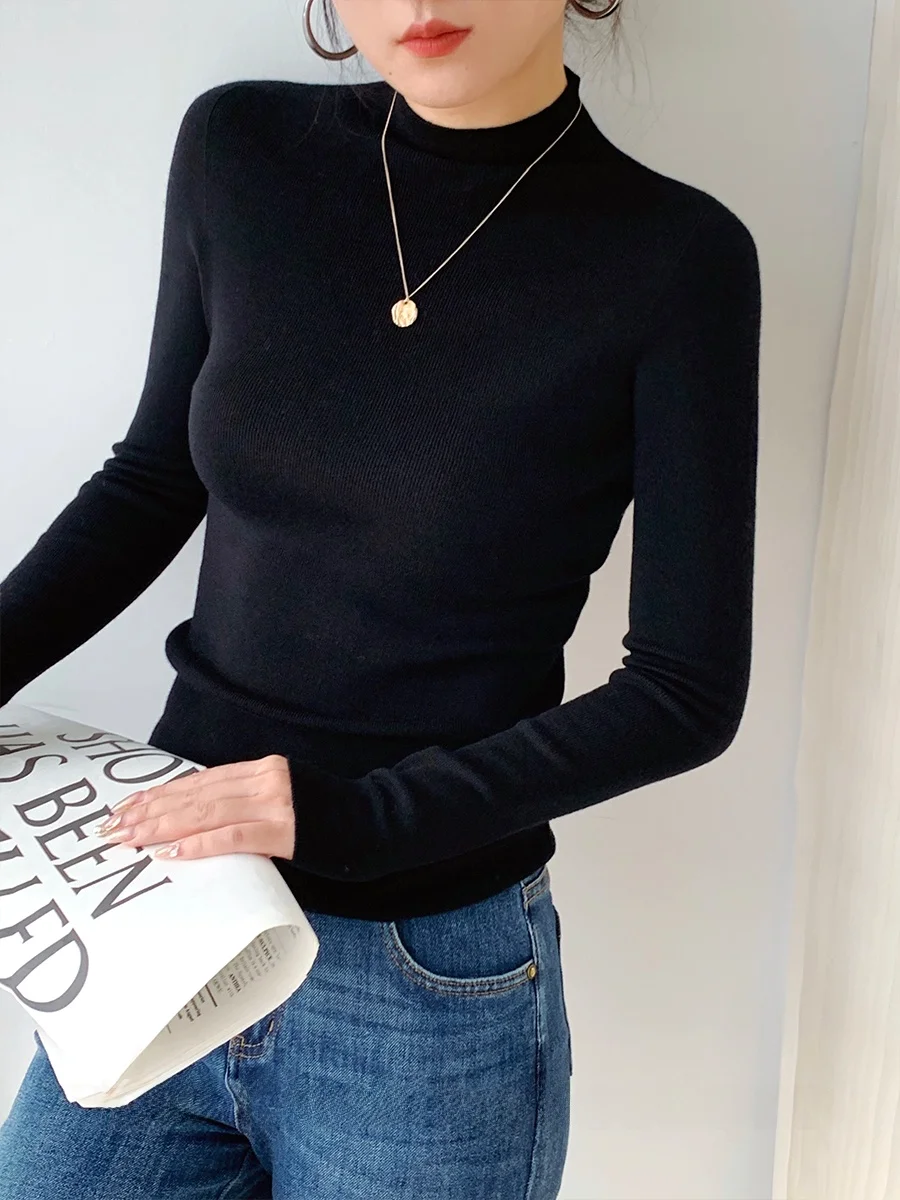 

Kiki 00% Wool Knitted Base irt f High Collar Inner Wear hine Waable Yangzhou Yarn Knitwear Spring Faion Ladies