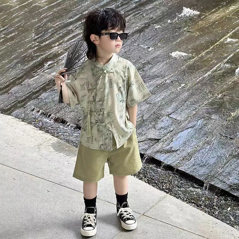 Children's Hanfu Performance Hanfu New Chinese Boys' Short Sleeved Top Pants 2-piece Set Boys' Summer Ancient Tang ClothingLJ685