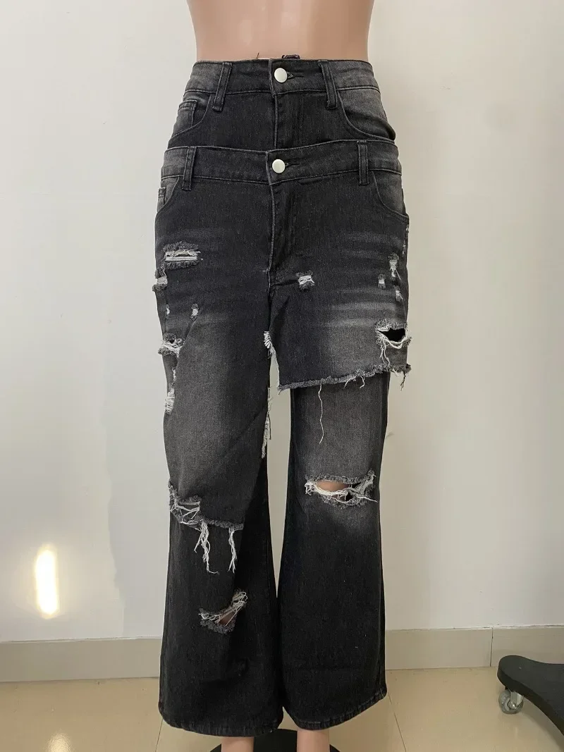 شرابة ثقوب الدنيم السراويل موضة المرقعة المرأة عالية الخصر زر يطير فضفاض مستقيم الجينز عادية الشارع الشهير بنطلون قيعان