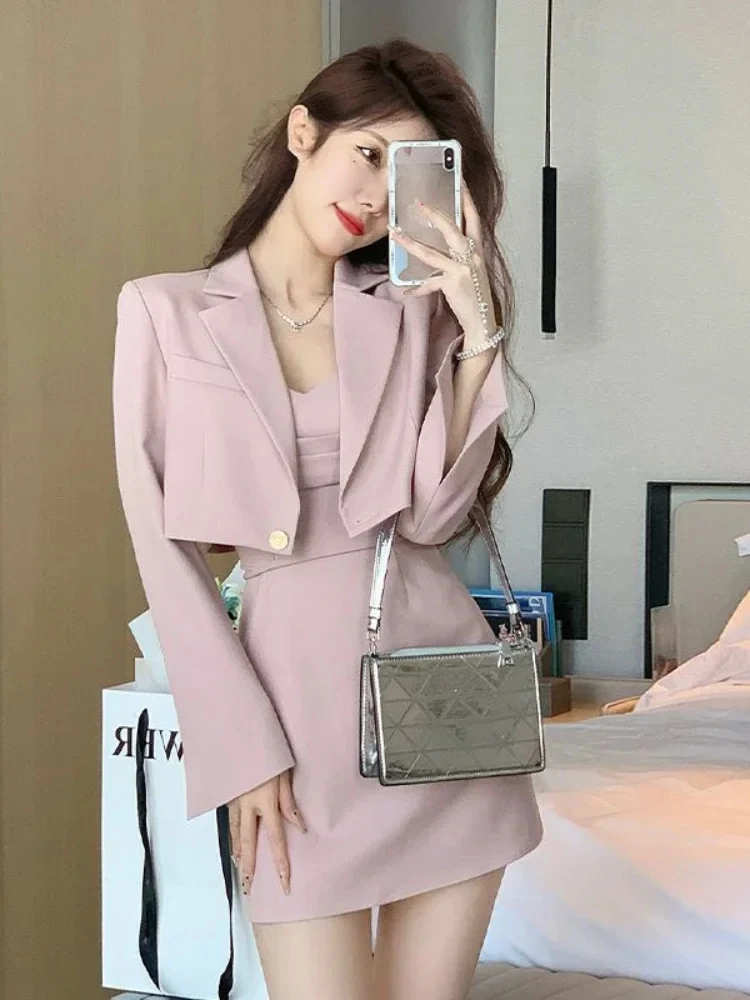 French Pink Elegant New Two Piece Set Women Blazer Coat + Strap Dress Sets Female Casual Korean Fashion Slim Suit 2024 Autumn