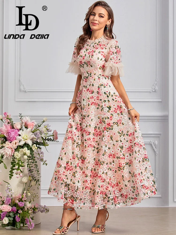 LD LINDA DELLA Summer Runway Fashion Dresses Women's Bohemian Net Yarn Flowers Sequins Temperament Gorgeous Dresses Sizes S-4XL