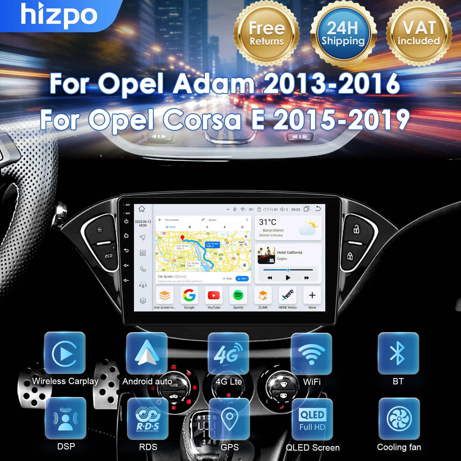 Autoradio Hizpo 8+128G per Opel Adam 2013-2016 e Opel Corsa E 2015-2019, Lettore Multimediale con Carplay Wireless, Schermo QLED, GPS, 4G, AI