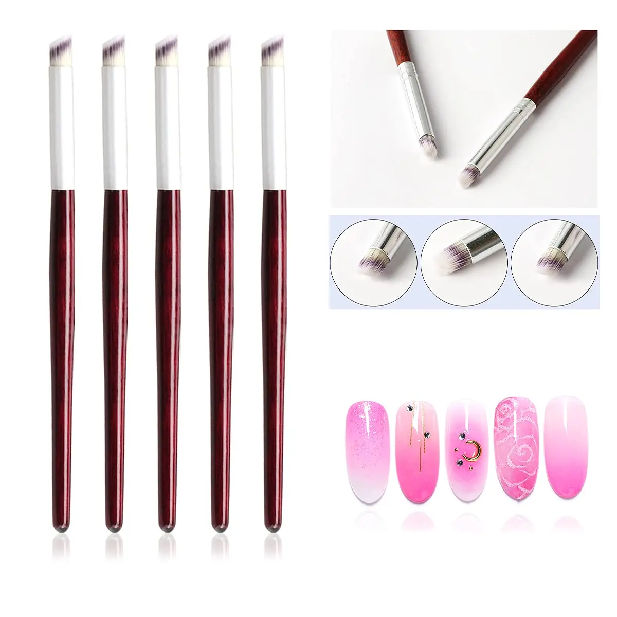 1/2/3/5PCS Wooden Handle Nail Ombre Brush Set Gradient Painting Tool for Acrylic Gel Nail Art Design