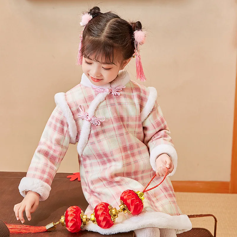 Winter Pink Plaid Velvet with Fur Trim Long Seleeve Mid Length Thick Dress Chinese Style Girls's Cheongsam 3 To 8 Years Old