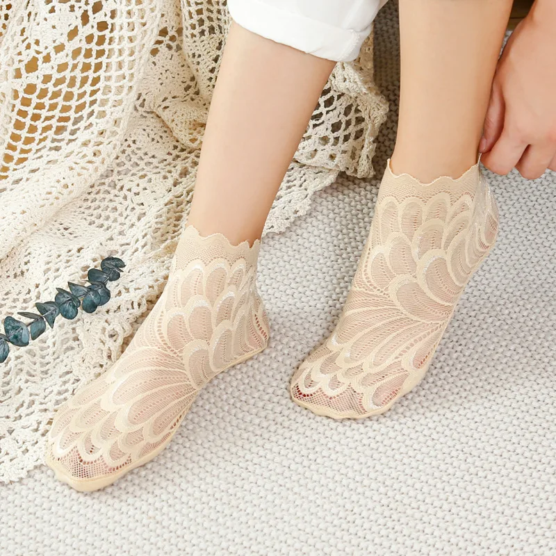 5 Pairs Women Lace Flower Mesh Socks Non-slip Invisible Liner Sock Female Elastic Comfy Thin Transparent Breathable Ankle Socks